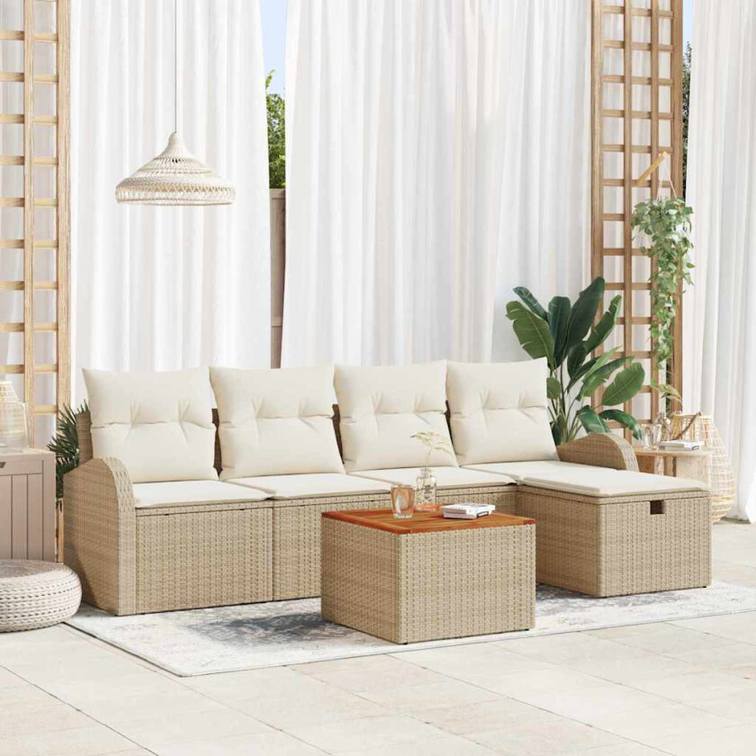 6-delt hagesofa-sett med puter i beige poly-rattan