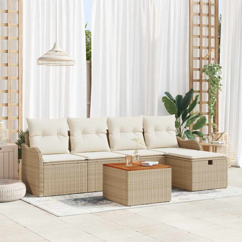 6-delt hagesofa med puter i beige poly rattan