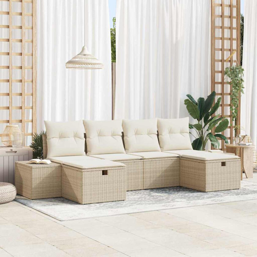 6-delt hagesofa med puter i beige poly rattan