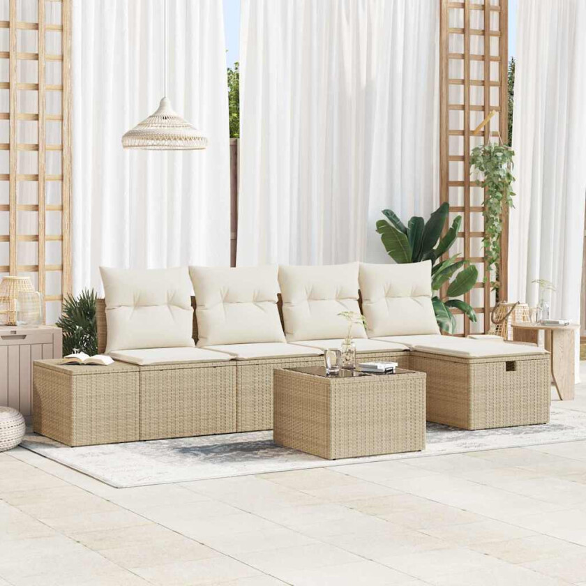 hagesofa sett med 6 deler og beige puter i poly rattan