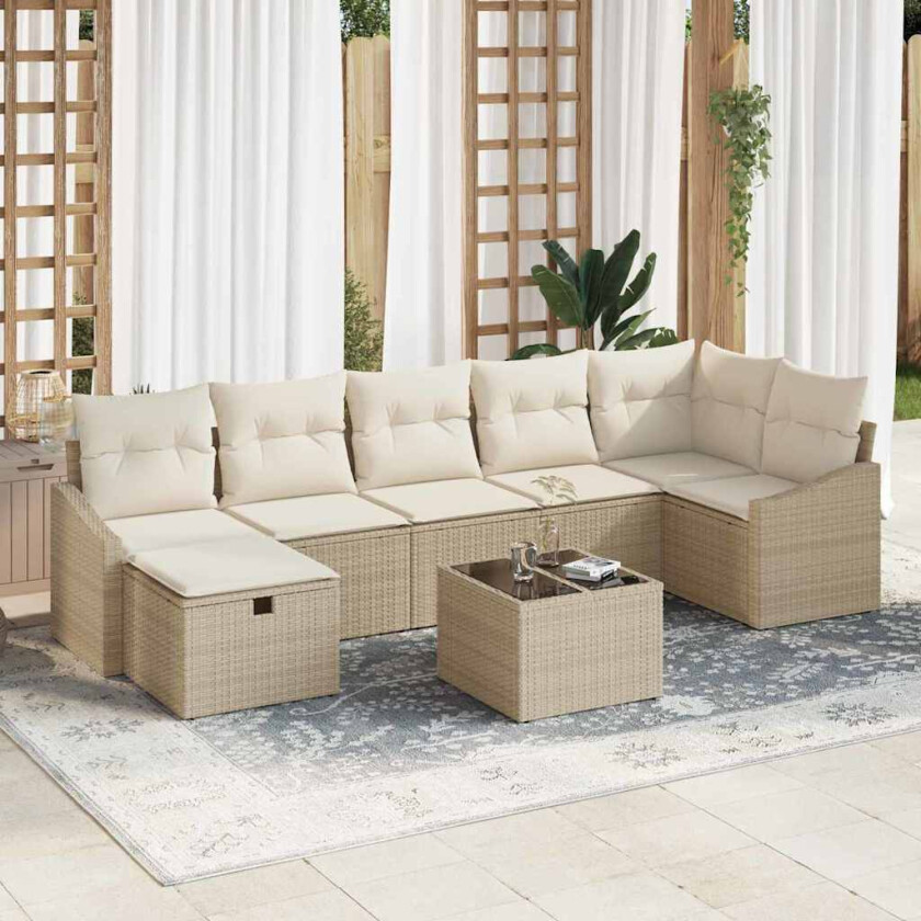 8-delt hagesofa-sett med beige poly-rattan puter
