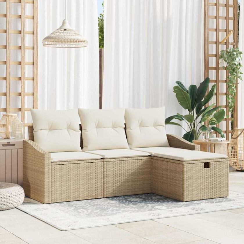 4-delt hagesofa-sett med puter, beige poly-rattan.
