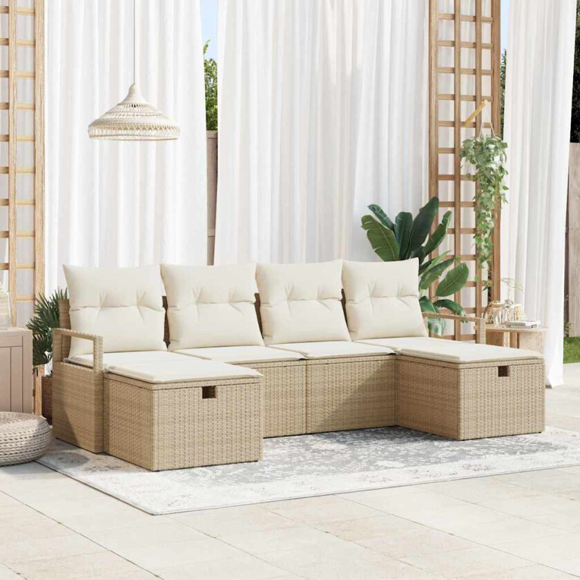 6-delt hagesofa-sett med puter i beige poly rattan