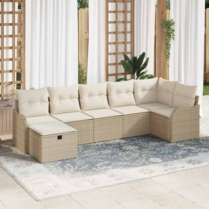 7-delt hagesofa med puter i beige poly rattan