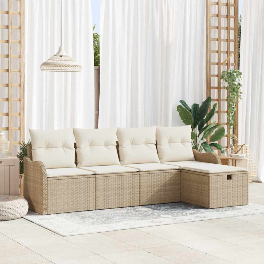 5-delt hagesofa med puter i beige poly rattan