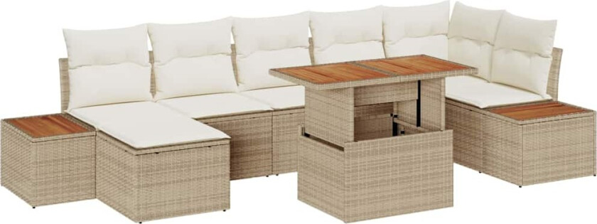 8 Delt Hagesofa Sett med Puter – Beige Poly Rattan