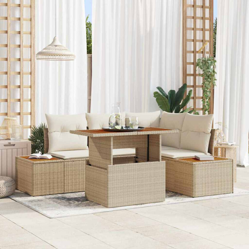 5-delers Hagesofa Set med Puter - Beige Poly Rattan