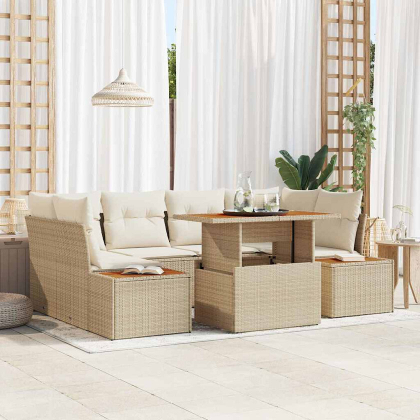 6-delt hagesofa-sett med puter i beige poly rattan