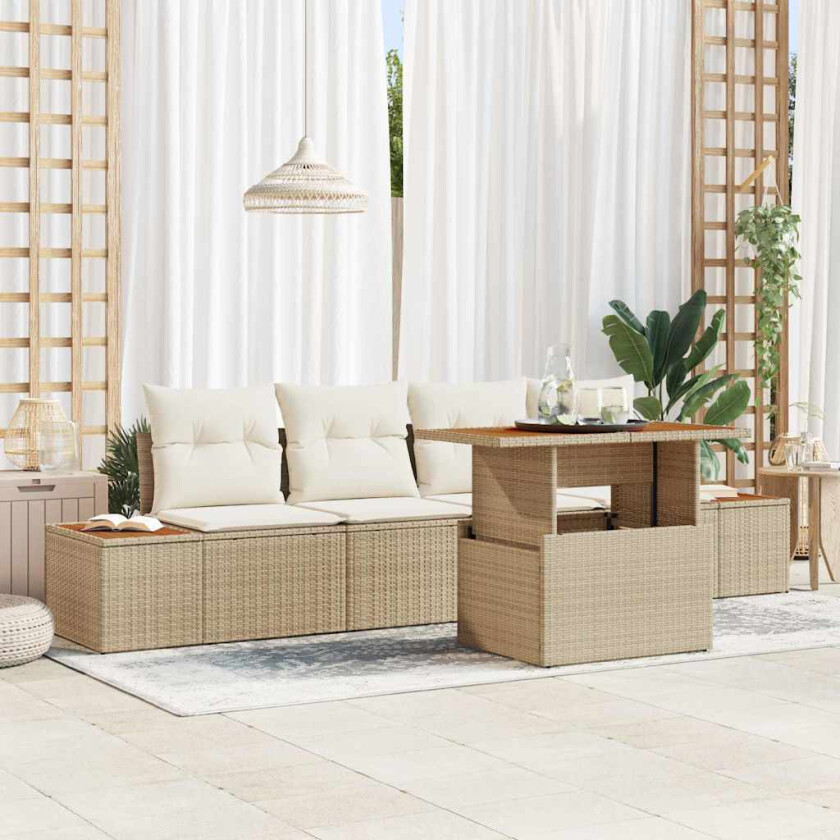 5-delt hagesofa-sett med beige poly rattan og puter