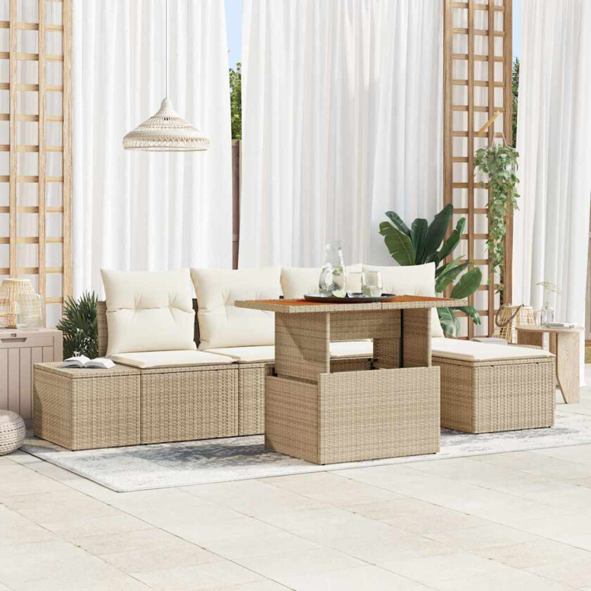 6-delt hagesofa-sett med puter i beige poly-rattan