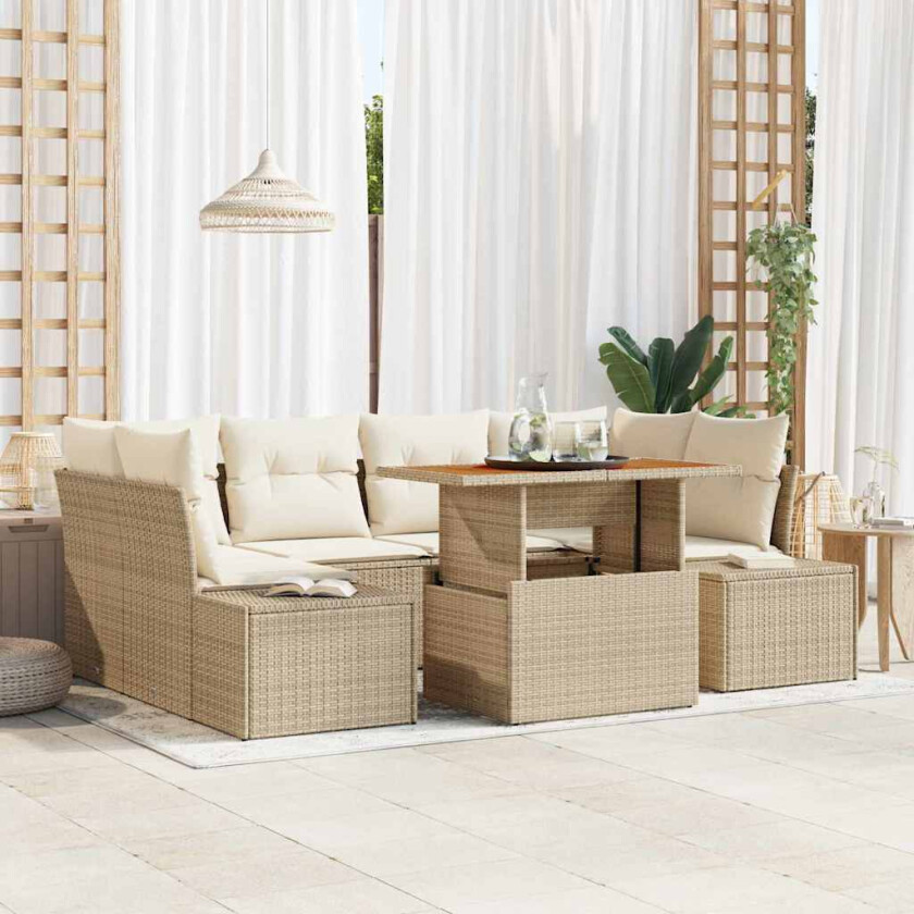 7-delt hagesofa-sett med puter, beige poly-rattan