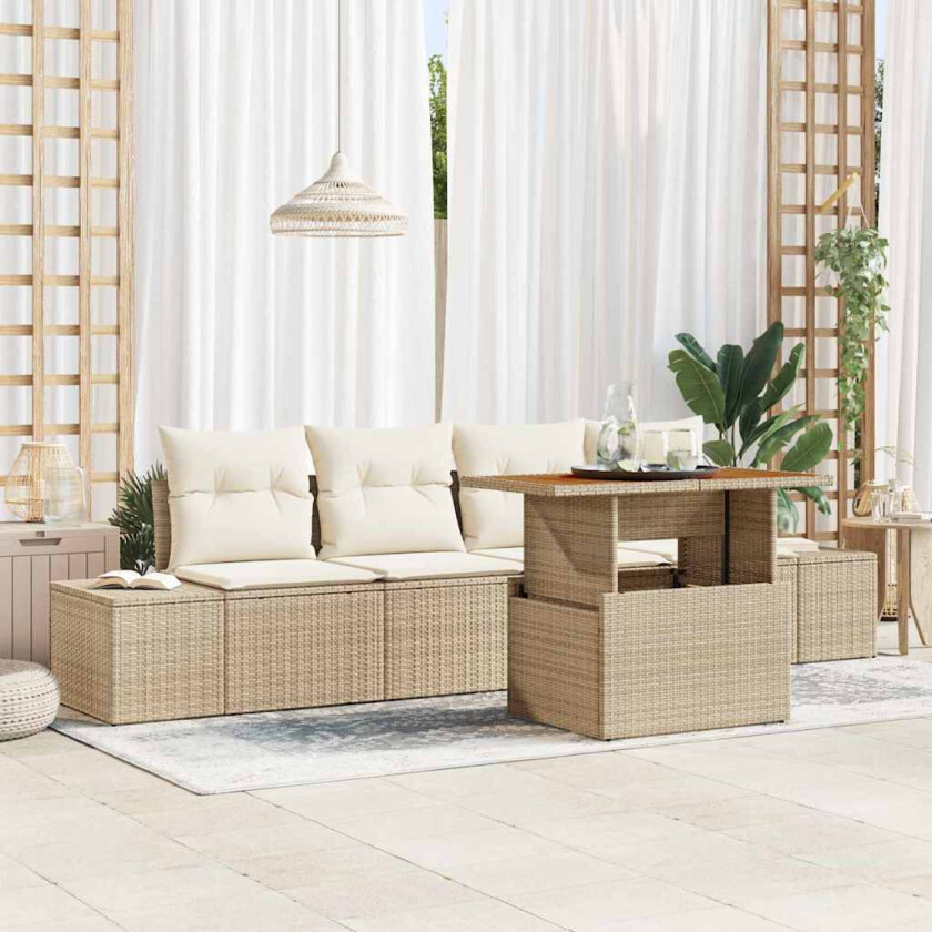 5-delt hagesofa-sett med puter i beige polyrattan