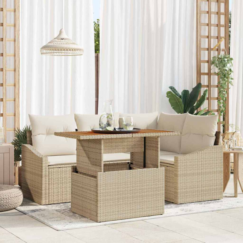 5-delt hagesofaset med puter i beige poly-rattan