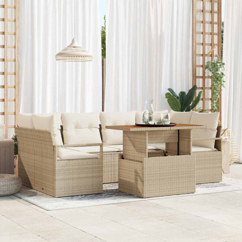 7-delt hagesofaset med puter, beige, poly rattan.