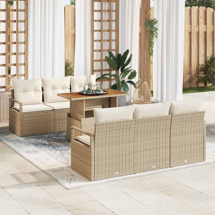 7 Deler Utemøbelsett med Puter – Beige Poly Rattan