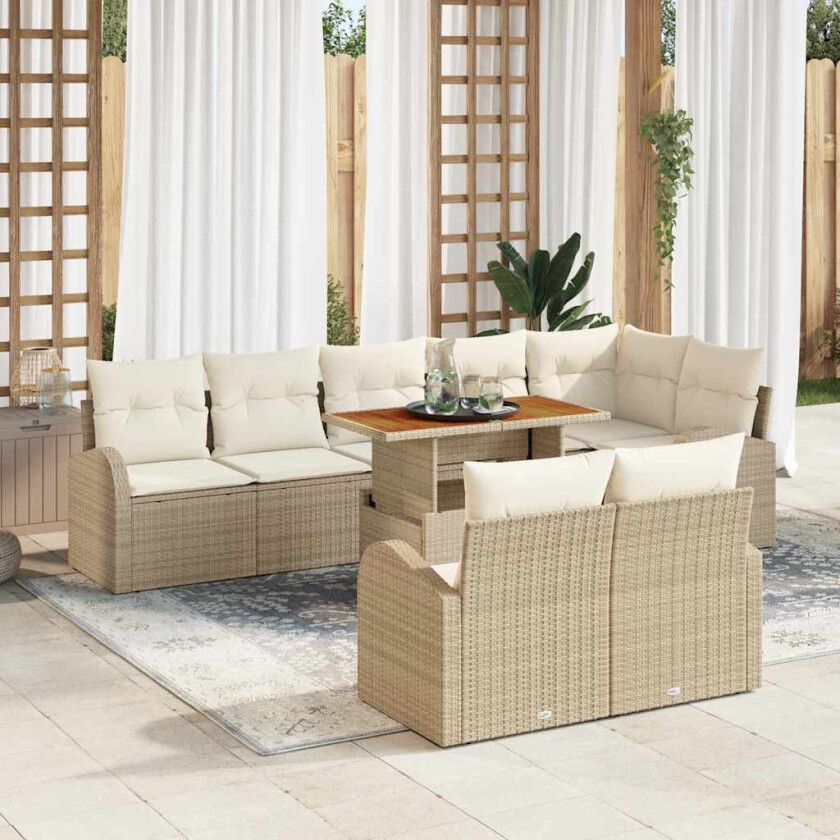 9 Delt Hagesofa Sett med Puter i Beige Poly Rattan