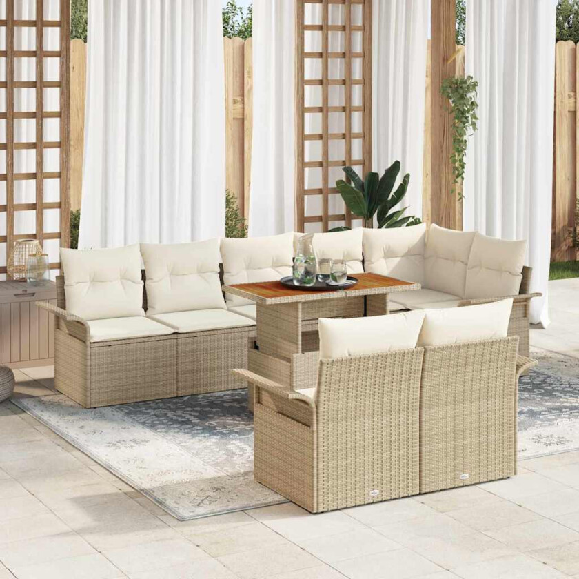 9-delt hagesofa-sett med puter i beige poly rattan