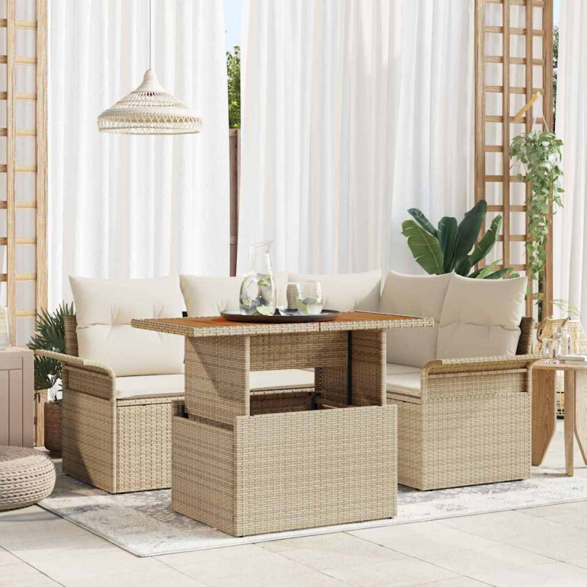 5-delt hagesofa-sett med puter i beige poly rattan