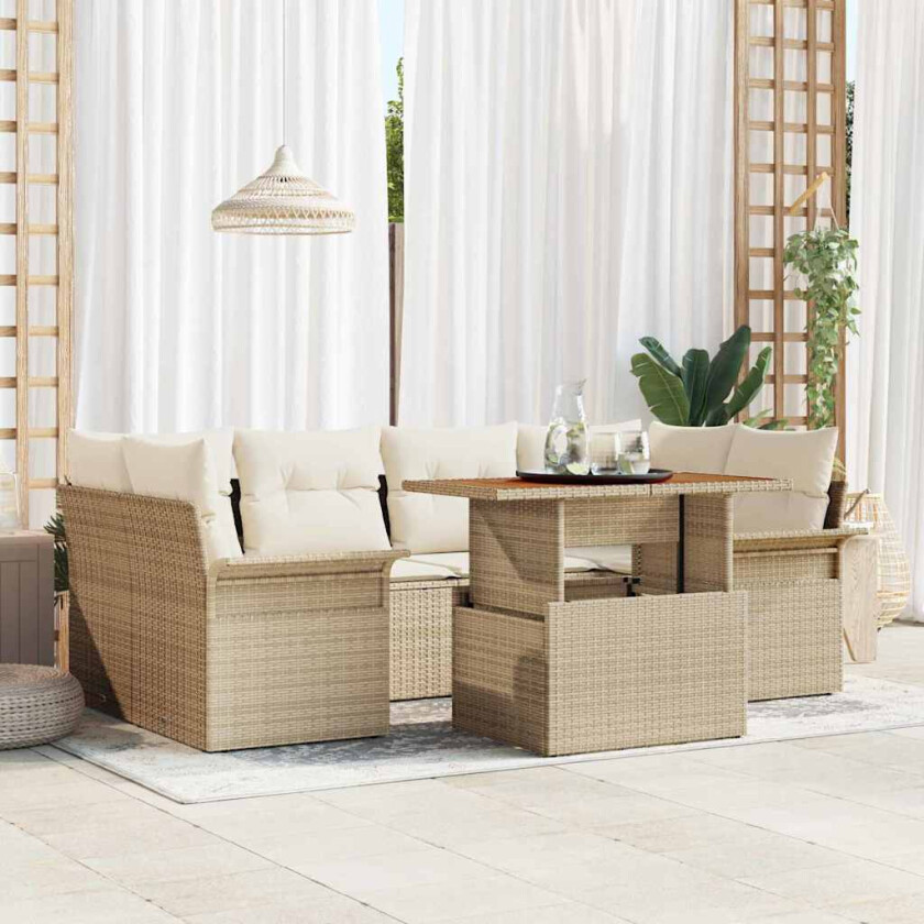 7-delt hagesofa sett med puter i beige poly rattan