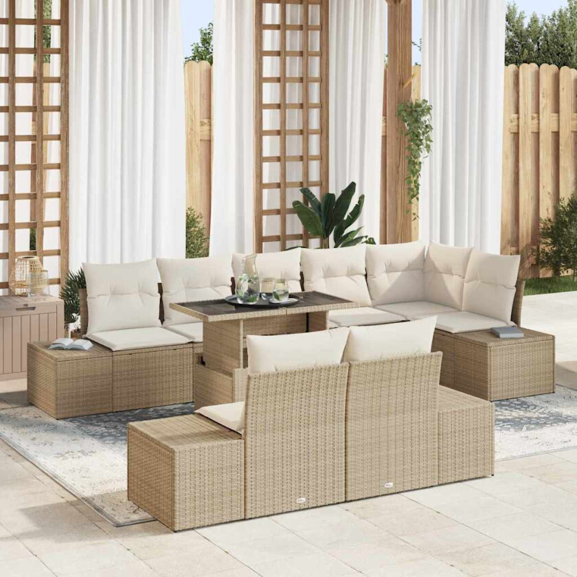 9-Delt Hagesofa Sett med Puter, Beige, Poly Rattan