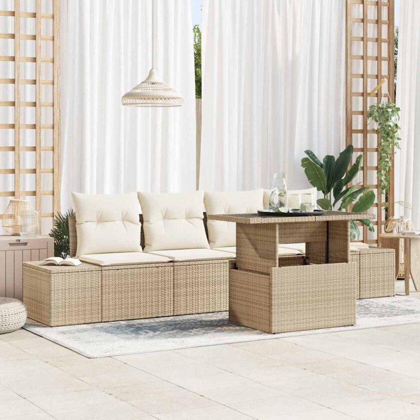 5-delt hagesofa-sett med puter i beige poly rattan