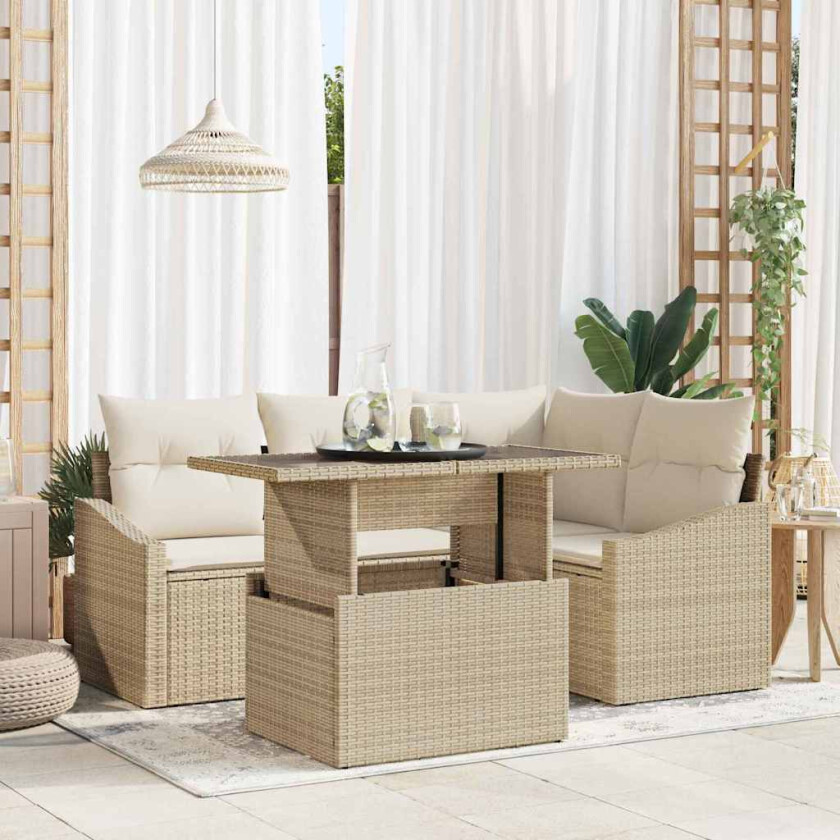 5-delt hagesofa med puter, beige, poly rattan