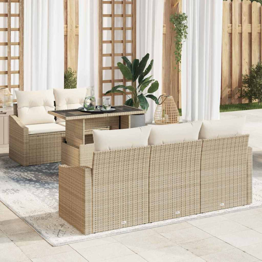 6-delt hagesofa-sett med puter i beige poly-rattan