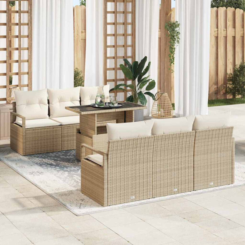 7 Delt Hage Sofa Set med Puter Beige Poly Rattan