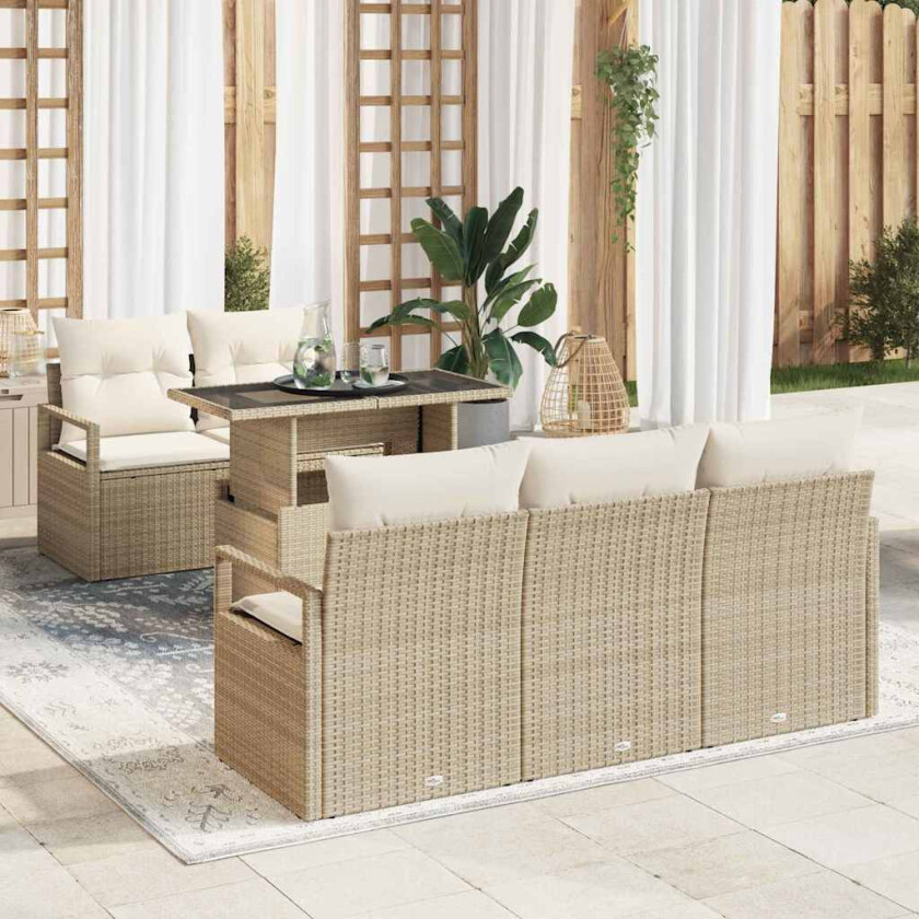 6 deler hagesofa sett med puter i beige poly rattan