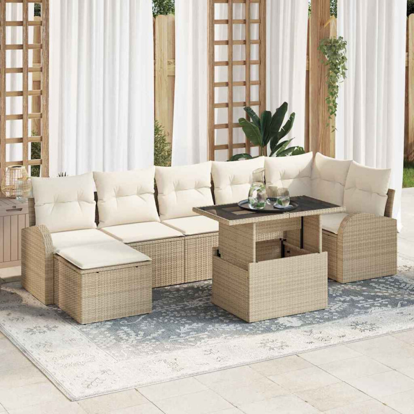 8-delt hagesofa-sett med puter i beige poly rattan