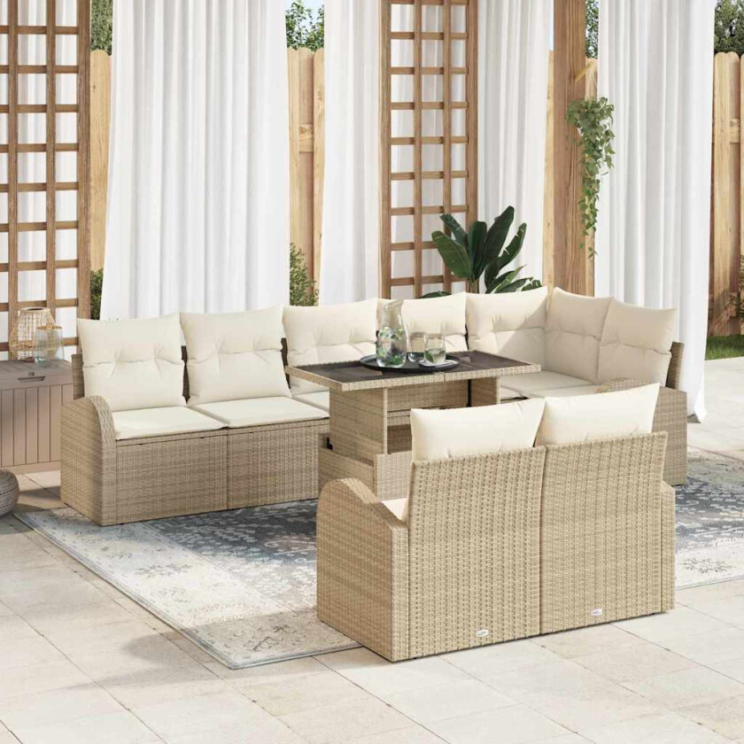 9 Delers Hagesofa-sett med puter Beige Poly Rattan