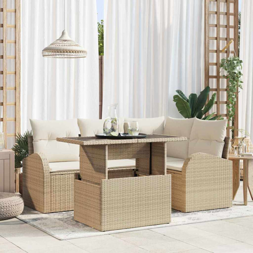 5-delt hagemøbelsett med puter i beige poly rattan