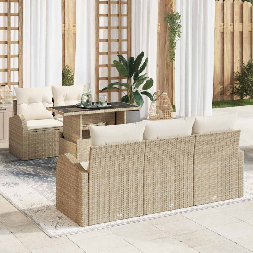 6-delt hagesofasett med puter beige poly rattan