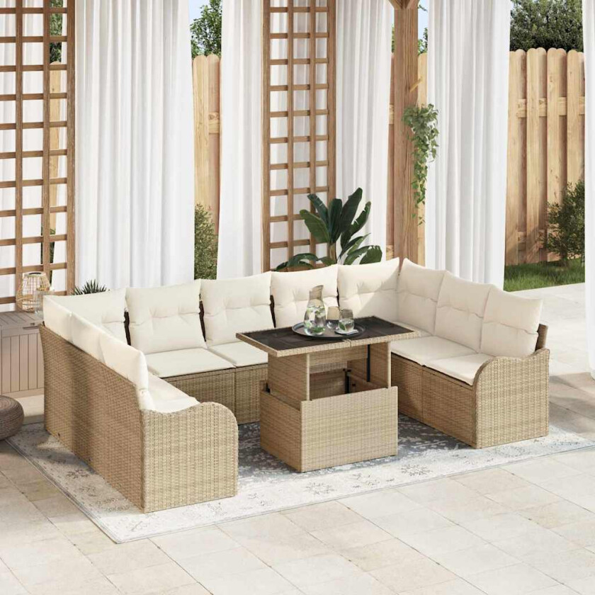 10 Dels Hage Sofa Set med Puter Beige Poly Rattan