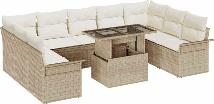 10-delt Hage Sofa Set med Puter Beige Poly Rottning
