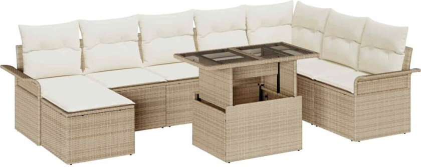 9-delt Hage Sofa Set med Puter Beige Poly Rattan