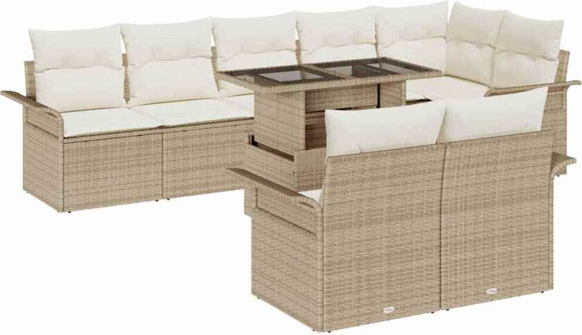 9-delt hagemøbelsett med puter Beige Poly Rattan