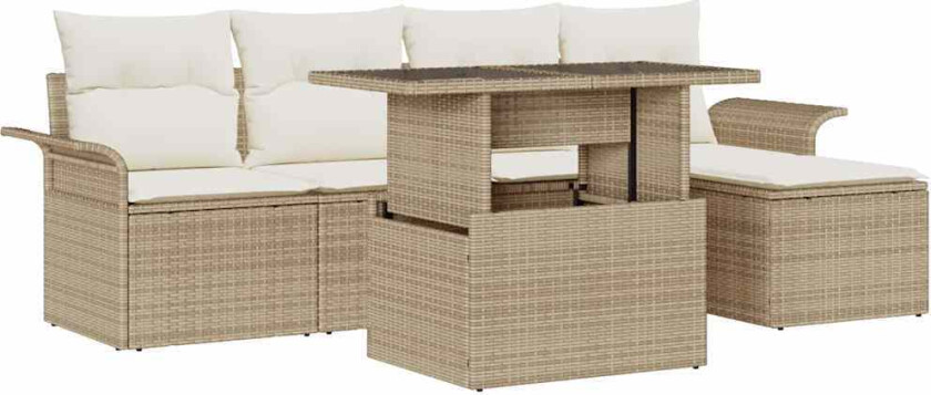 6-delt Hagesofa Set med Puter Beige Poly Rottning