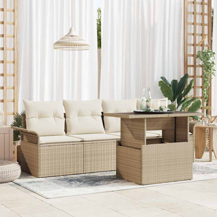 5-dels Hage Sofa Sett med Puter Beige Poly Rattan