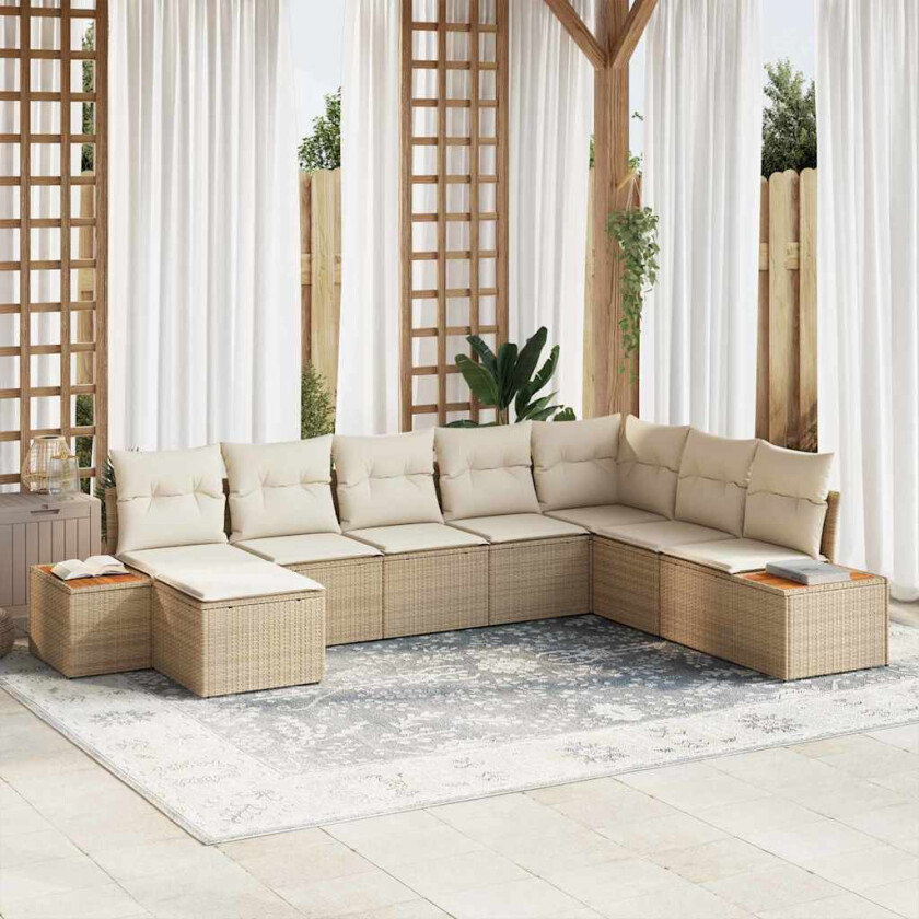 8 Delers Hagesofa Set med Puter, Beige Poly Rattan, Akasie