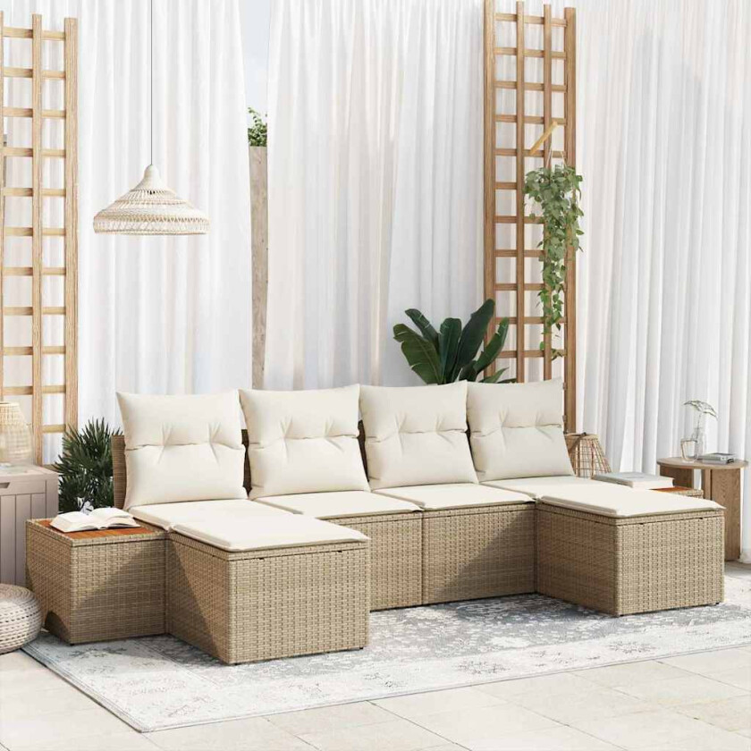 Hagesofa Set på 6 Deler med Puter i Beige Poly Rattan og Akacia