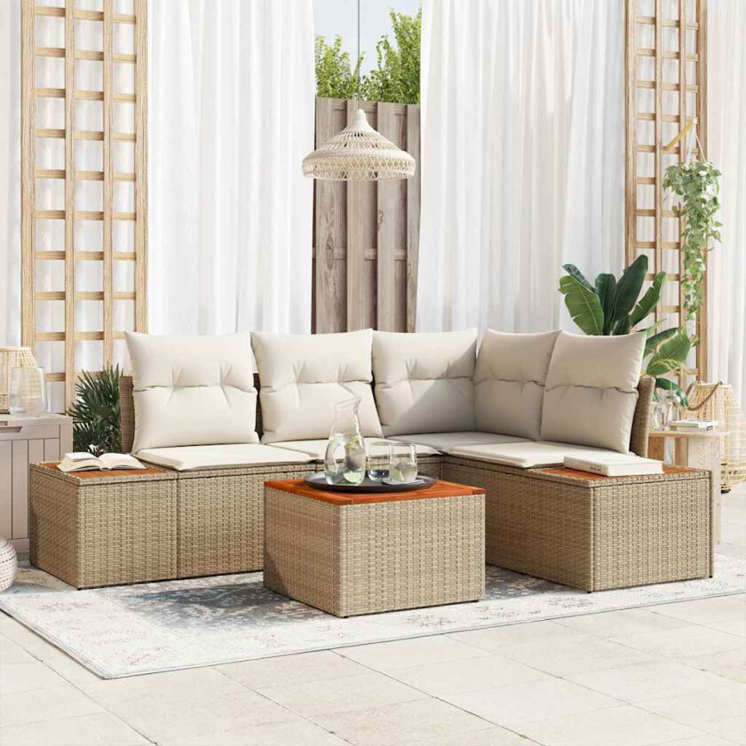 5-delt hagesofa-sett med puter i beige poly rattan