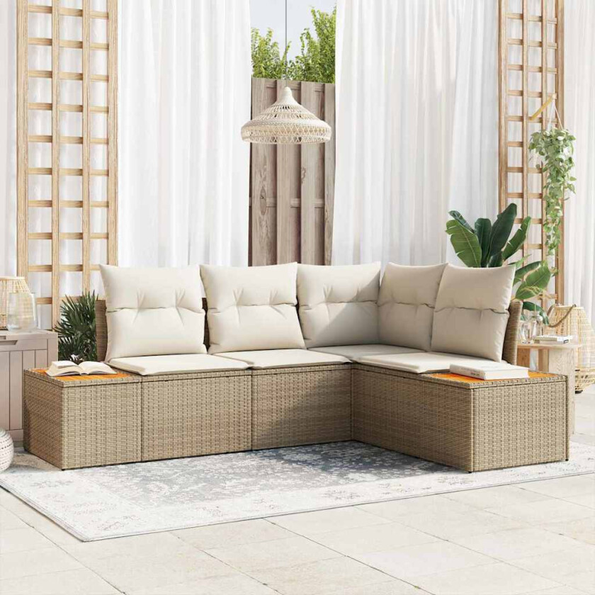 4-delt hagesofa-sett med puter i beige poly rattan