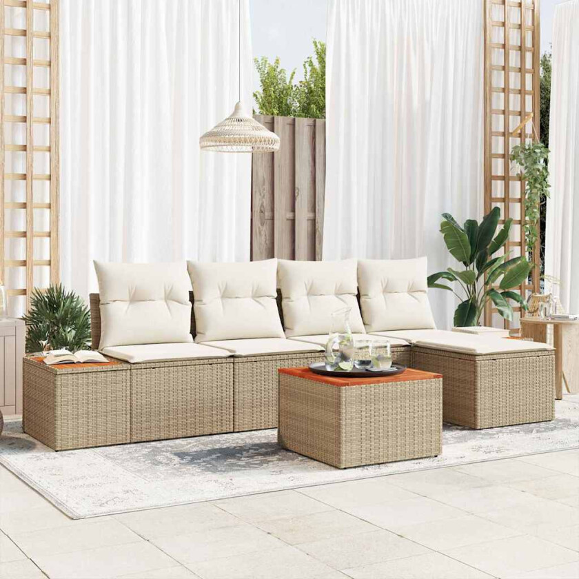 6-delt hagesofa med puter i beige poly rattan