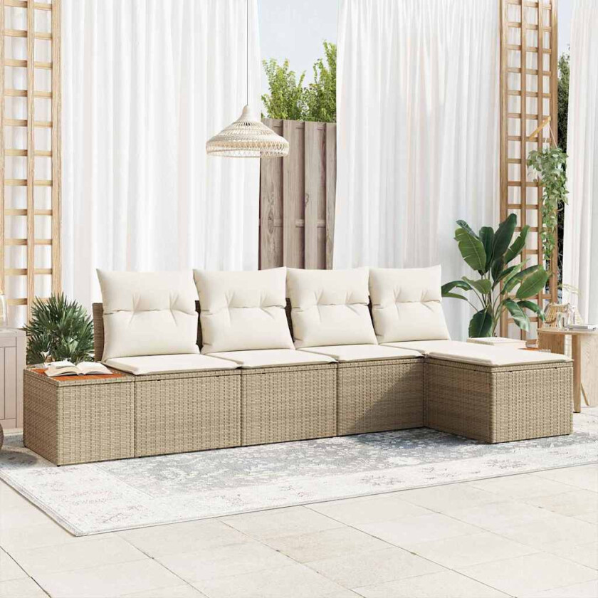 5 Delers Hagesofa Sett Med Puter i Beige Poly Rattan og Akasie
