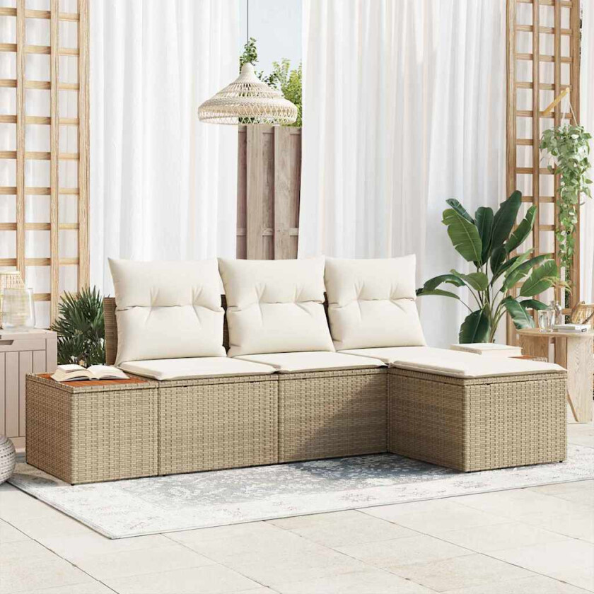 4-delt hagesofa sett med puter beige poly rotting akacia