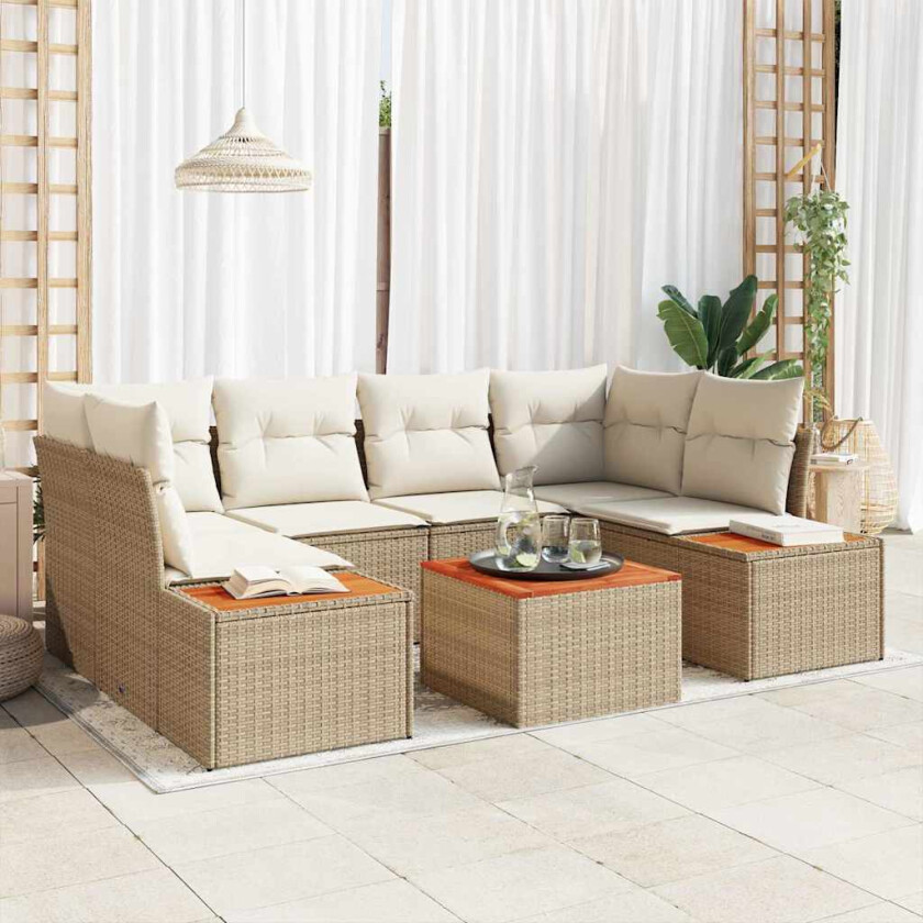 6 Dels Hagesofa Set med Puter Beige Poly Rattan Akasie