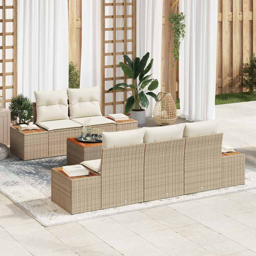 6-delt hage sofa sett med puter beige poly rattan akacia