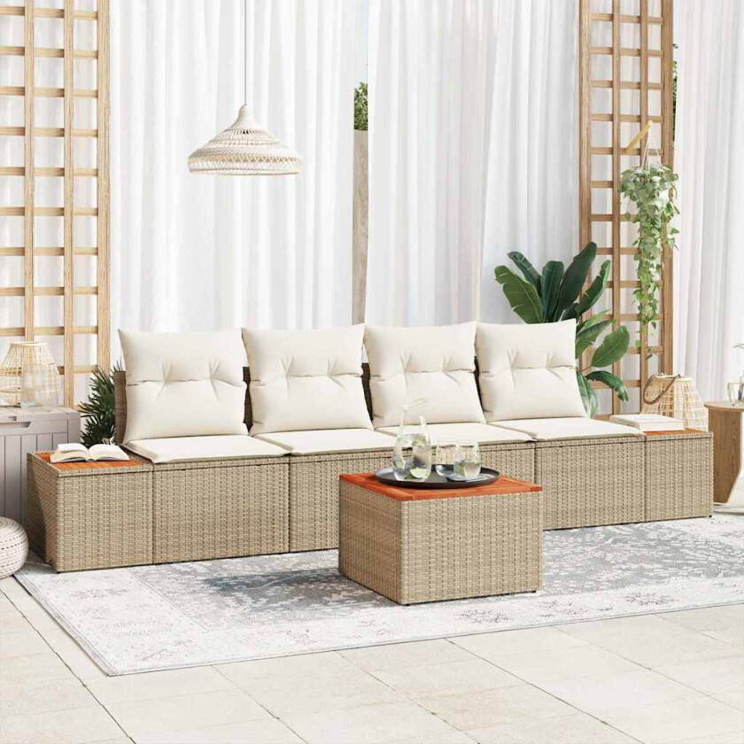 5 Delt Hagesofa Set med Puter Beige Poly Rattan Akasie