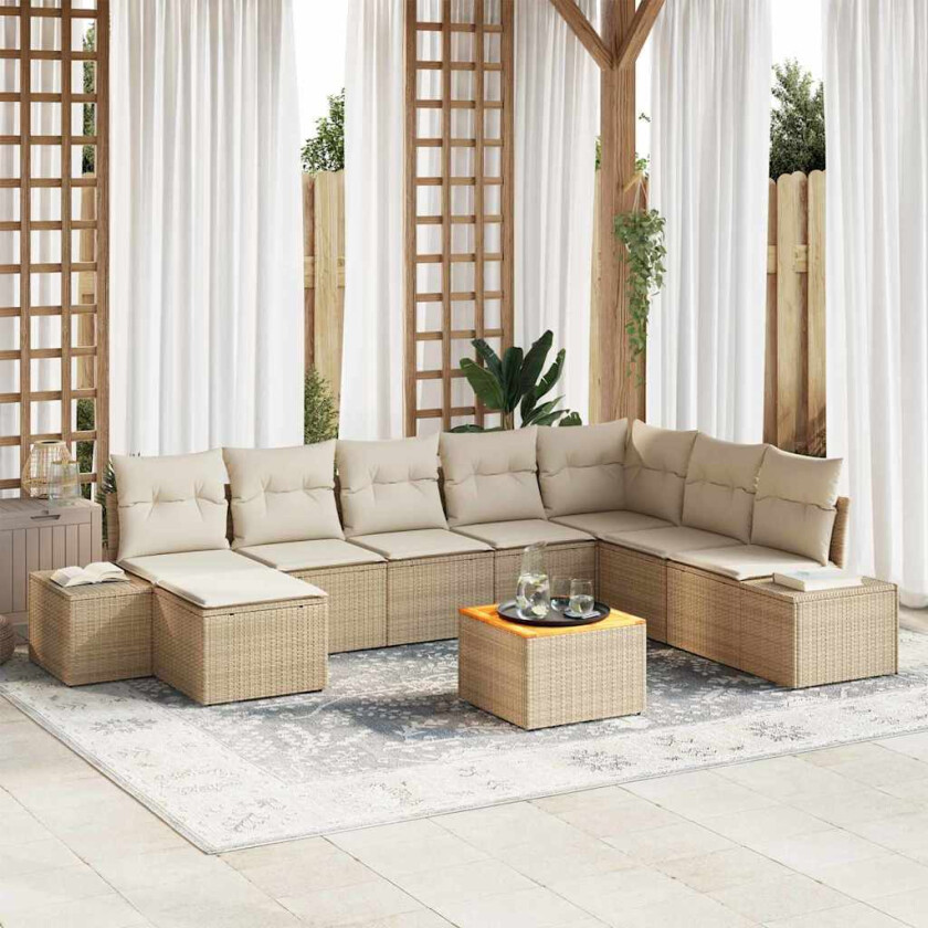 Hagesofa sett 9 pcs Beige og Hvit Rattan og Polyester